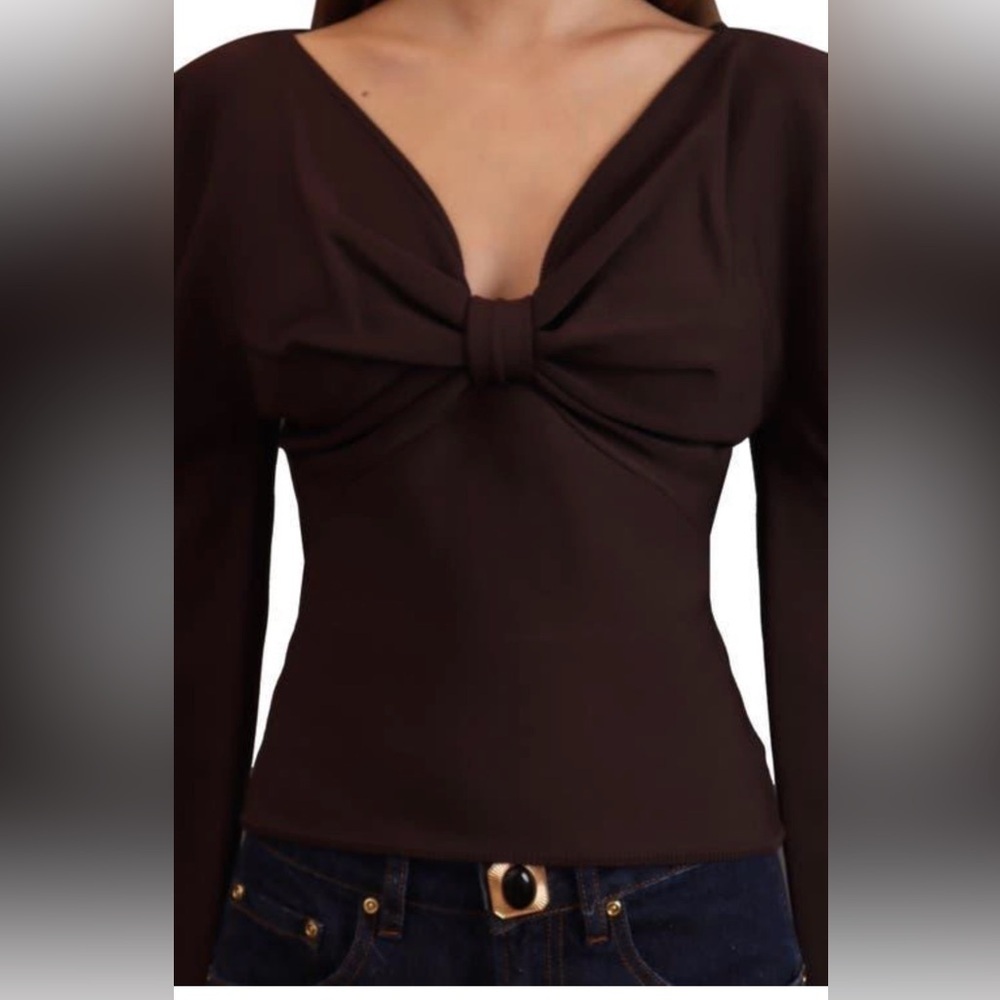 Avec Les Filles Exaggerated Puff Sleeve Front Bow Fitted Sweater- NWT size S